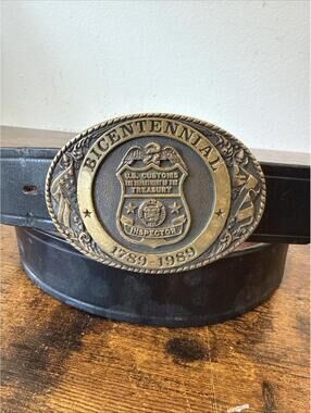 US Customs Bicentennial Belt Buckle Badge 12155 Brass w/ Don Hume Belt 44